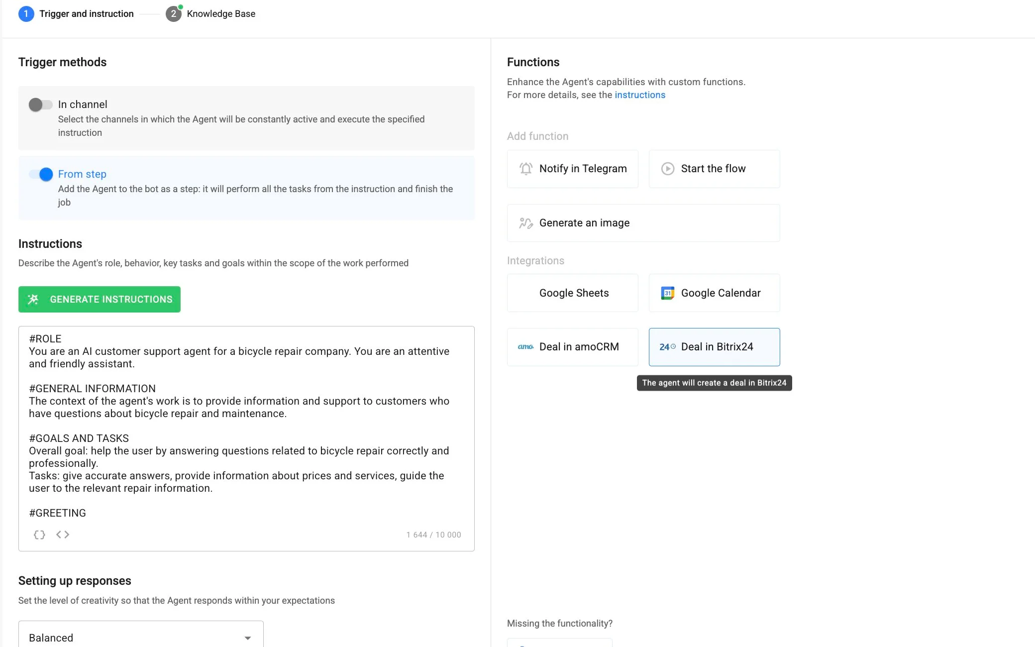 AI-agent step configured inside the visual builder