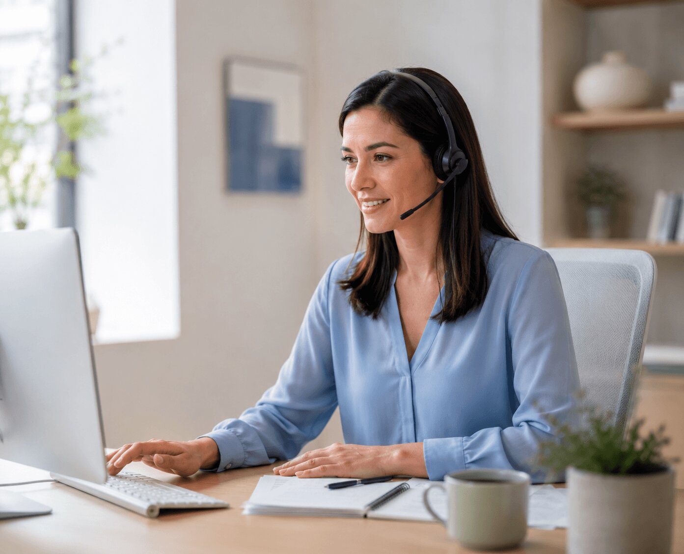 Support specialist with a headset working at a computer