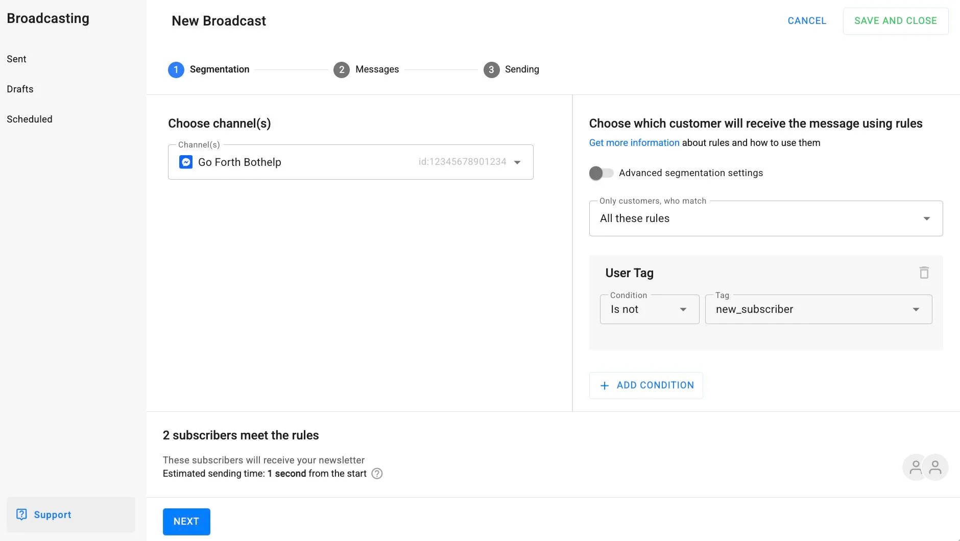 Broadcasts tab in BotHelp