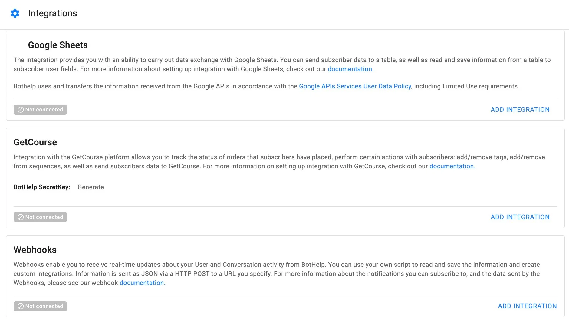 Integrations tab in BotHelp